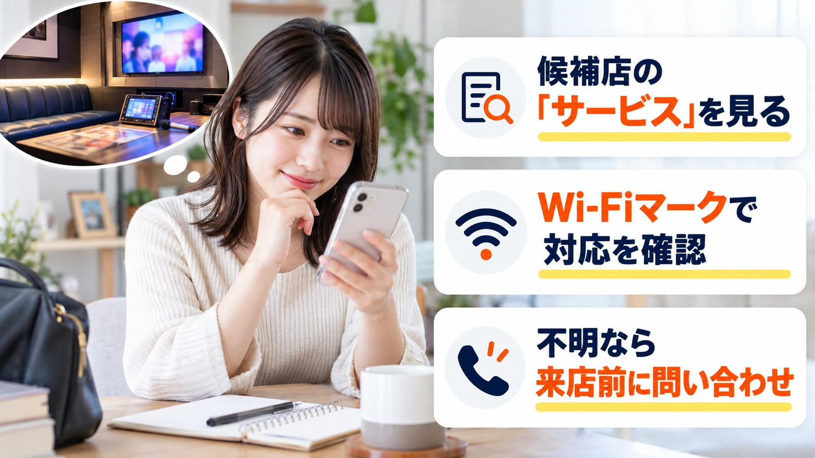 スマホで利用予定店舗のWi-Fi対応を調べる女性