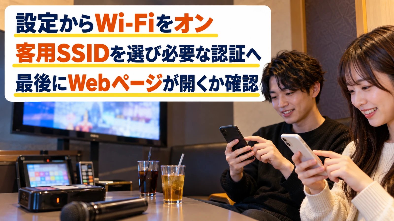 カラオケ個室でスマホの設定からWi-Fiに接続する男女