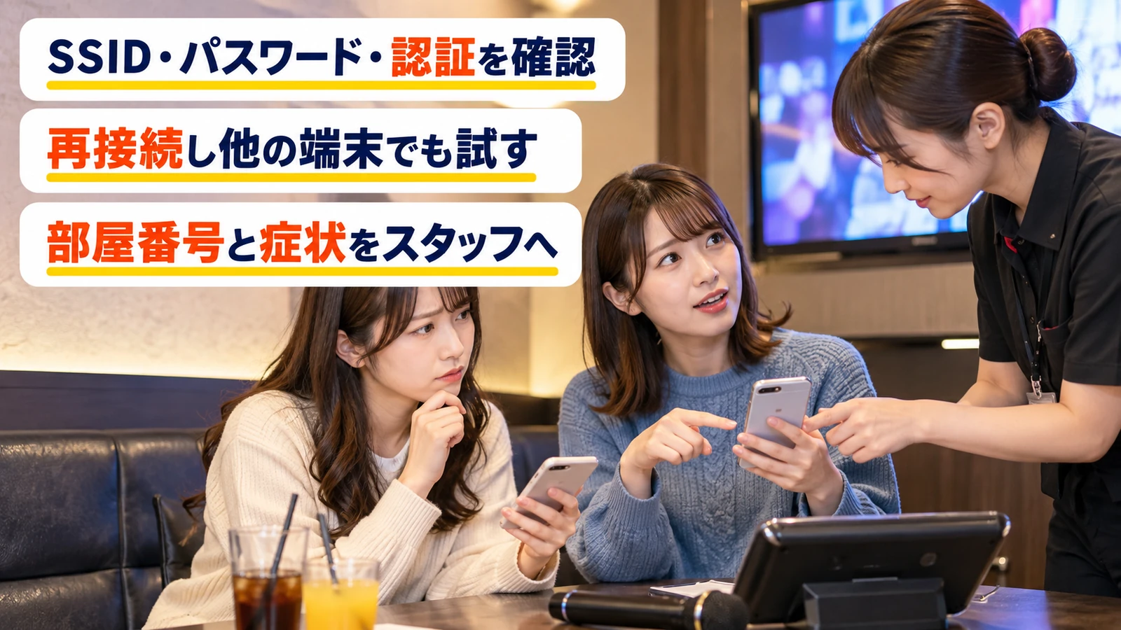友人のスマホと比較しWi-Fiの不具合をスタッフに相談する女性