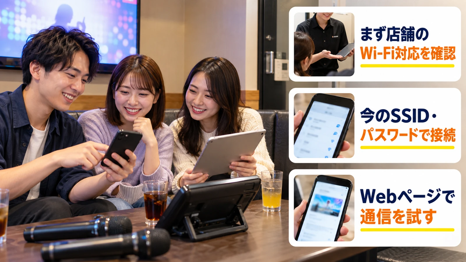 カラオケ個室でWi-Fi接続とWebページの表示を確認する友人