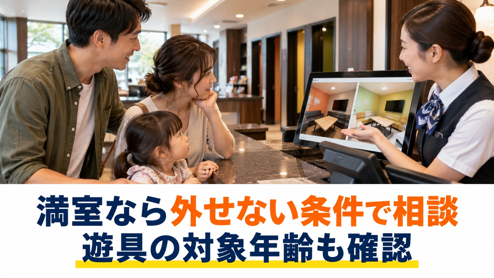 希望の部屋が満室の場合の代案を受付で相談する家族