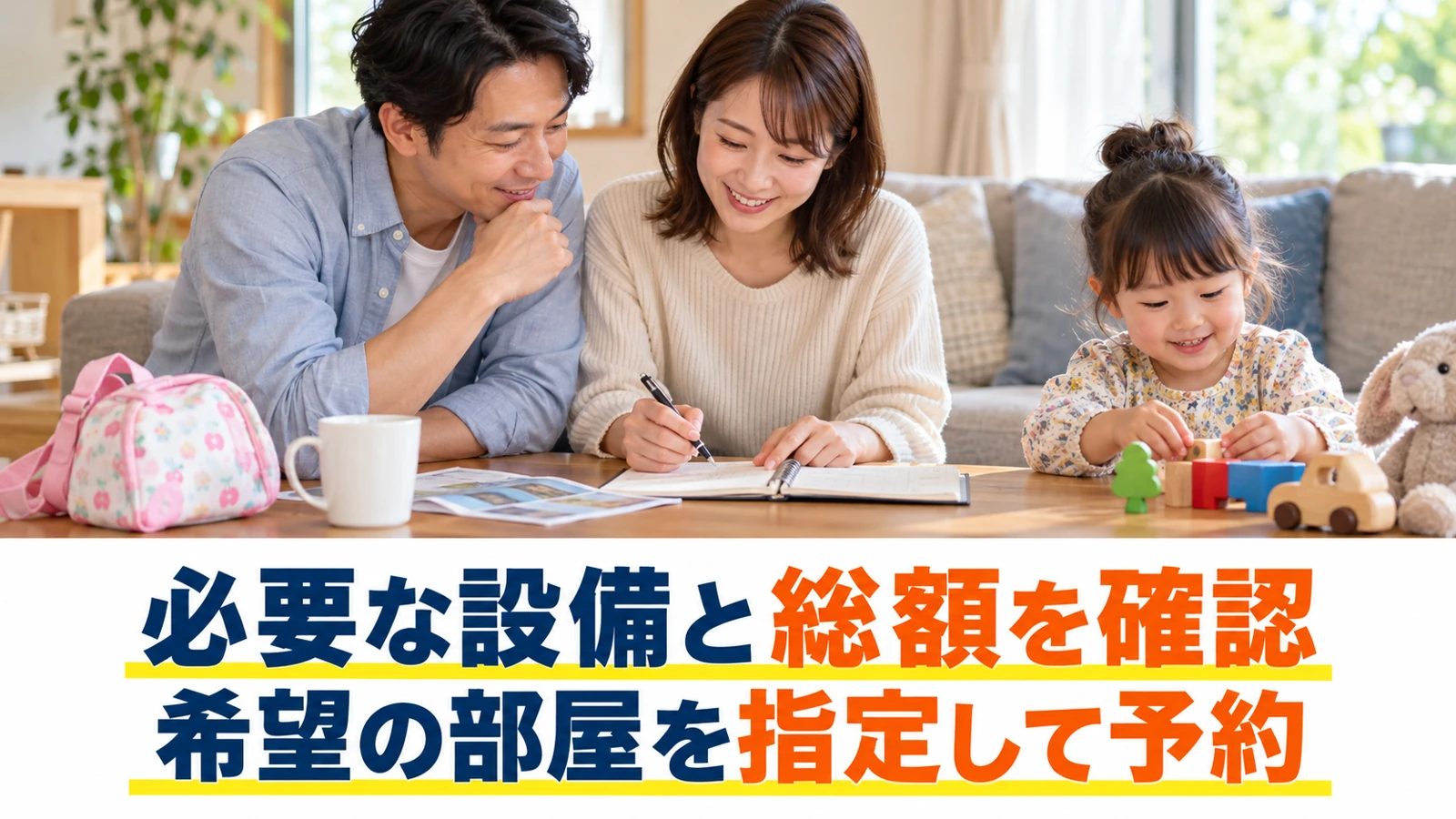 設備と家族の予算を整理して予約を検討する保護者