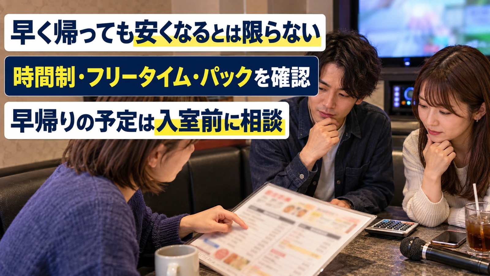 料金表と時計を見ながら早帰り時のプラン料金を比較する友人