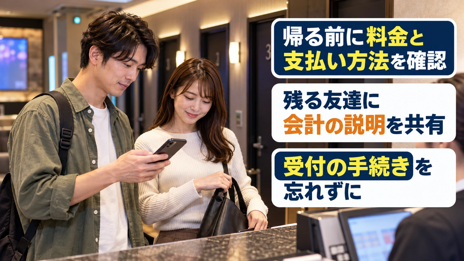 カラオケから帰る前にスマートフォンで会計の内容を共有する二人