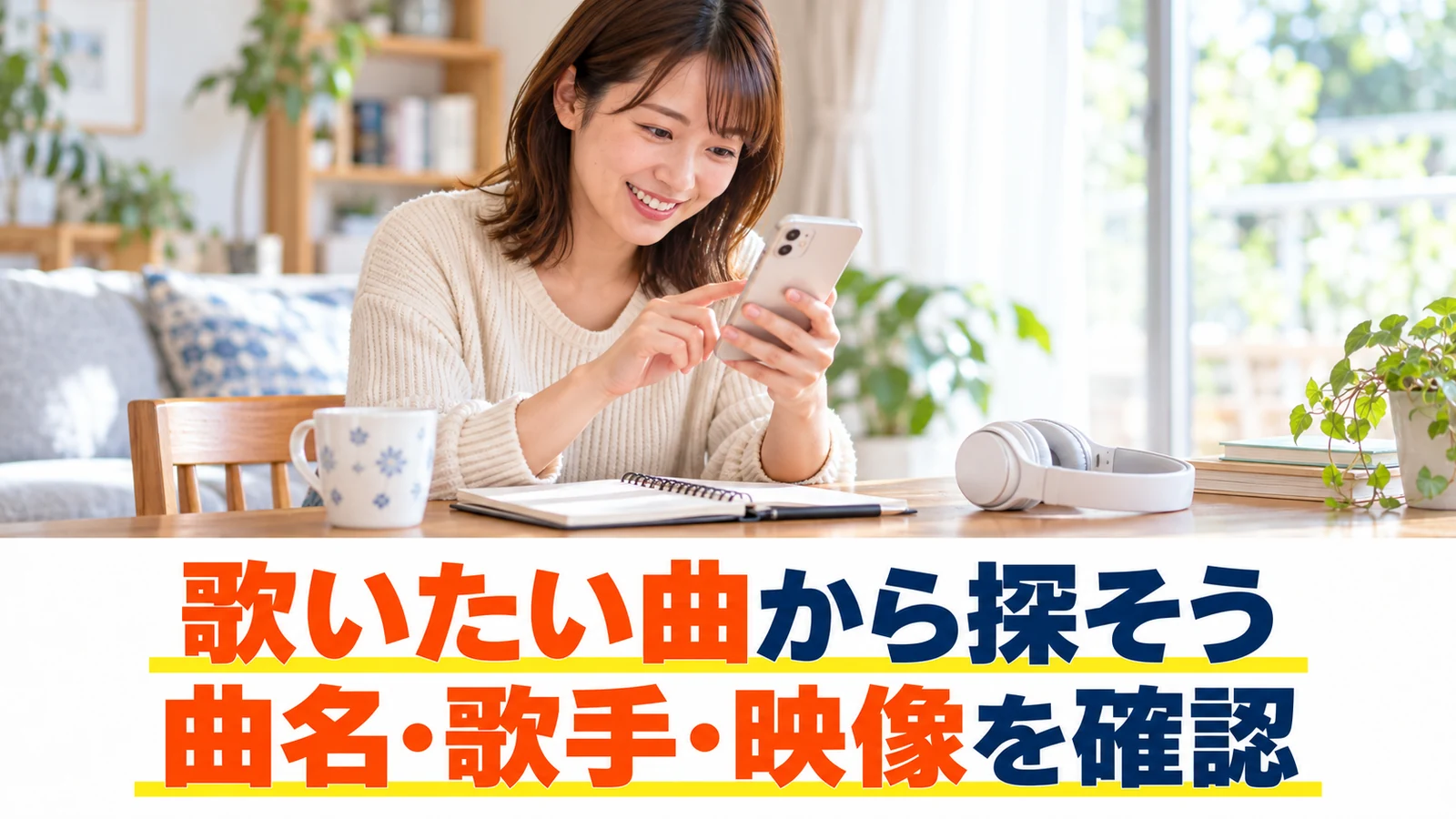 スマートフォンで歌いたい曲や映像を調べる女性