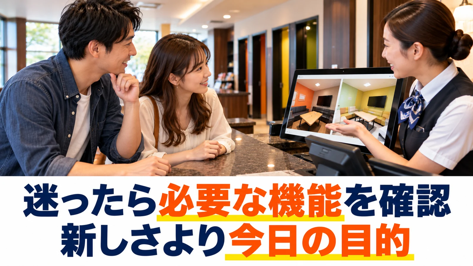 受付で使いたい機能をスタッフに質問する場面