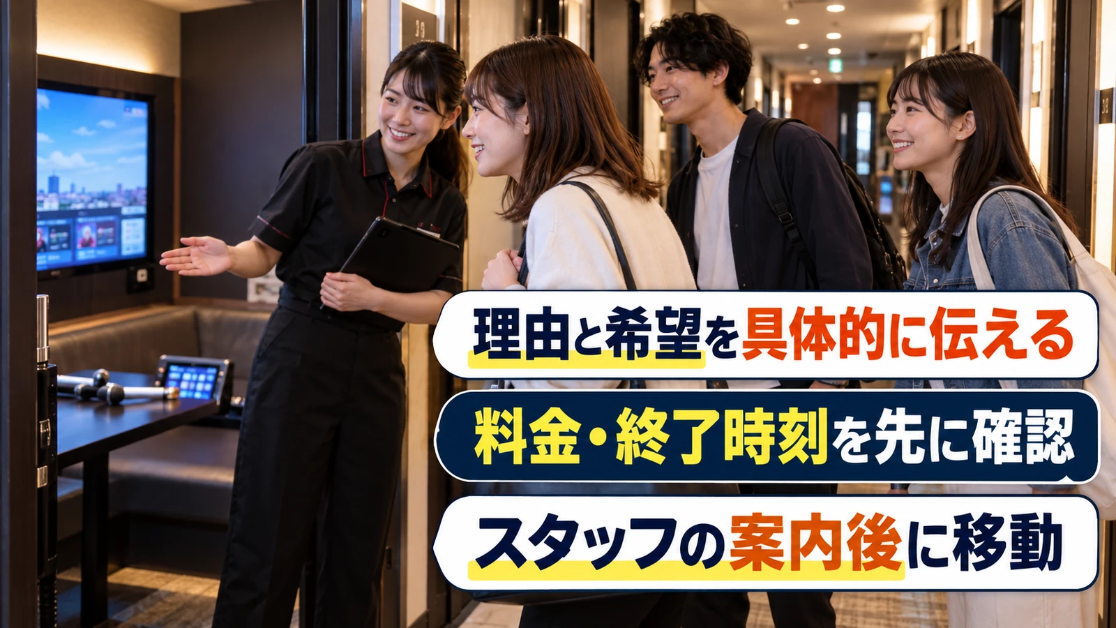 スタッフの案内で別のカラオケルームへ移動する友人