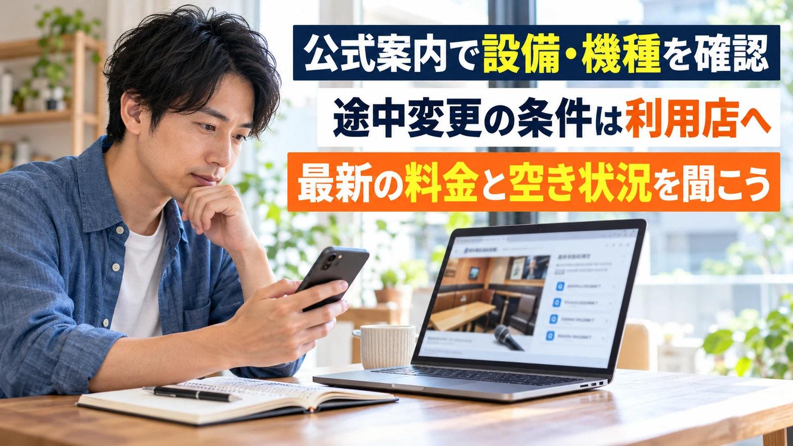 パソコンとスマートフォンでカラオケの公式案内を確認する男性