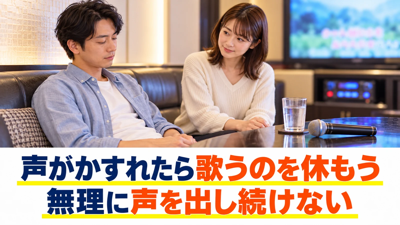 マイクを置き声を休める男性