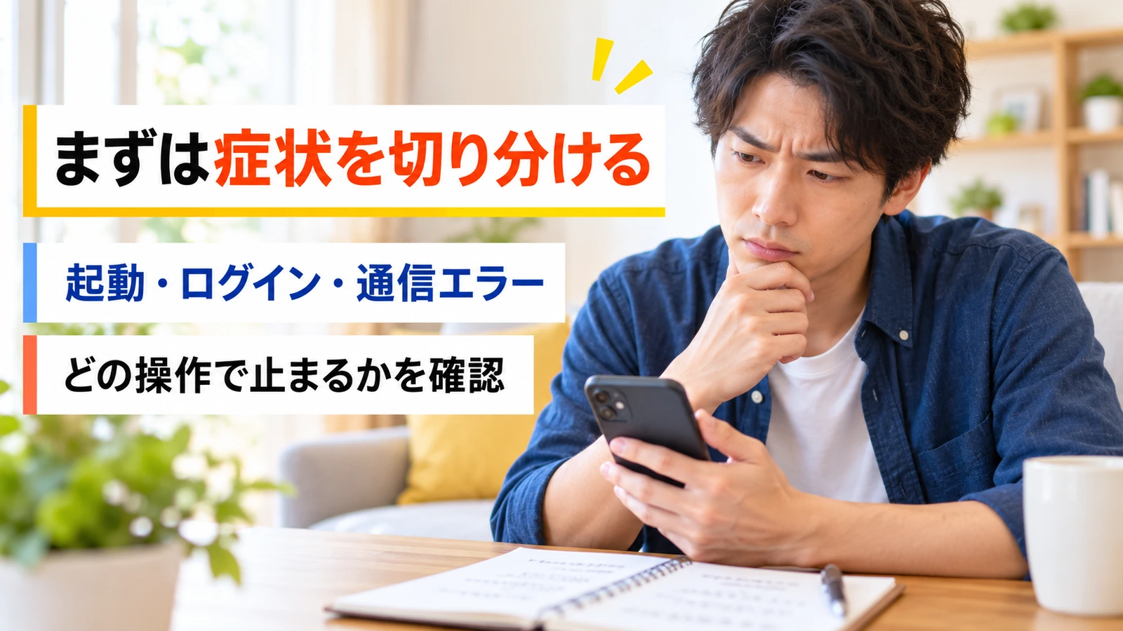 スマートフォンの症状をメモする男性