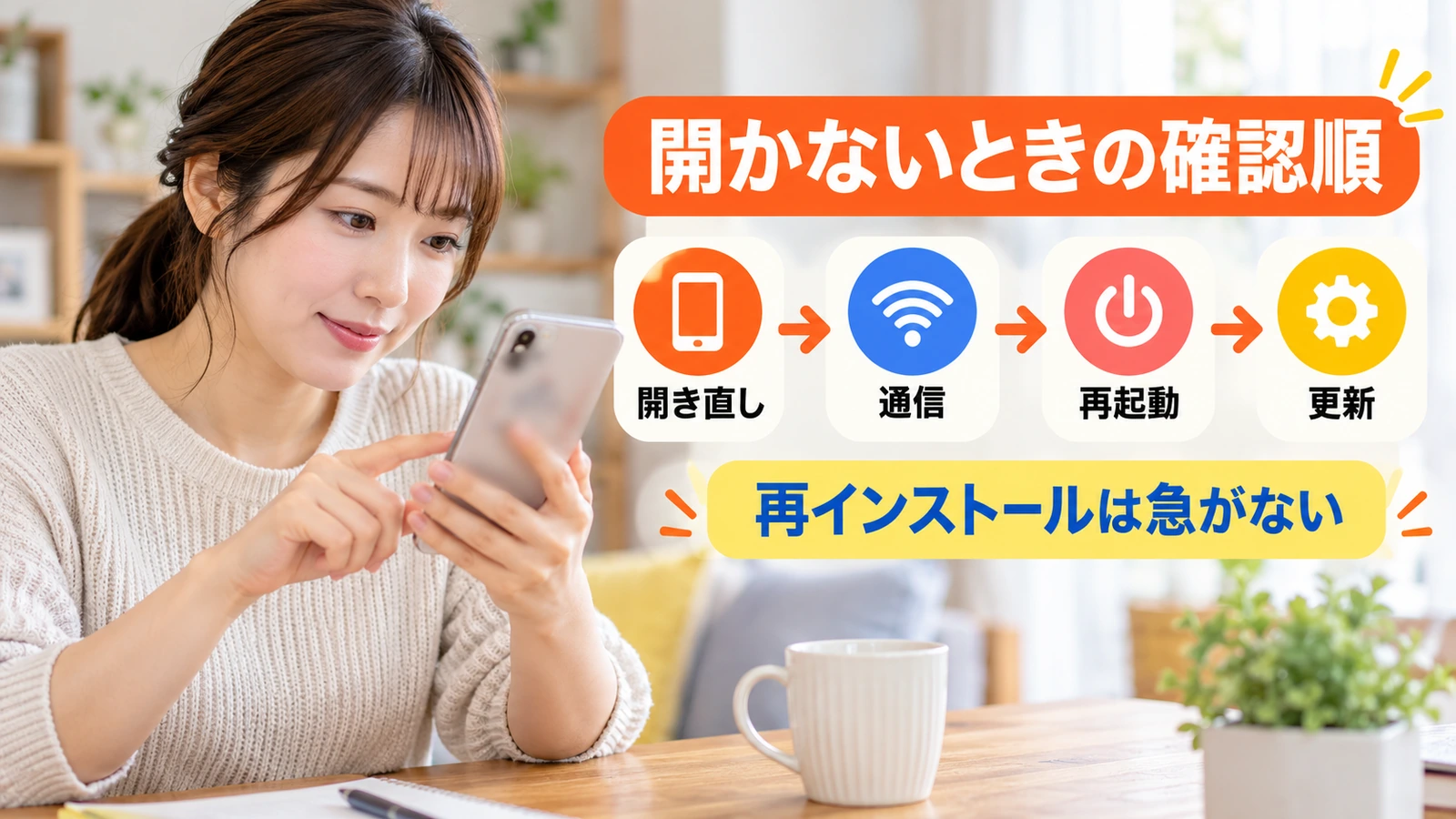 自宅でスマートフォンの動作を確認する女性