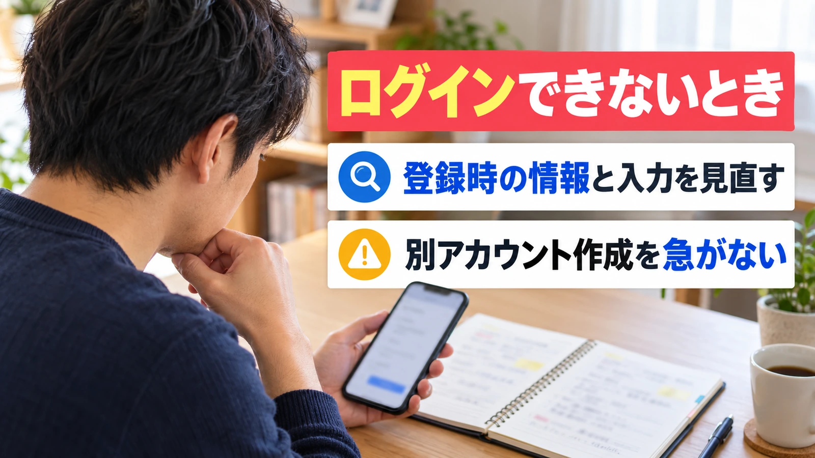 登録時の情報を手帳で確認する男性