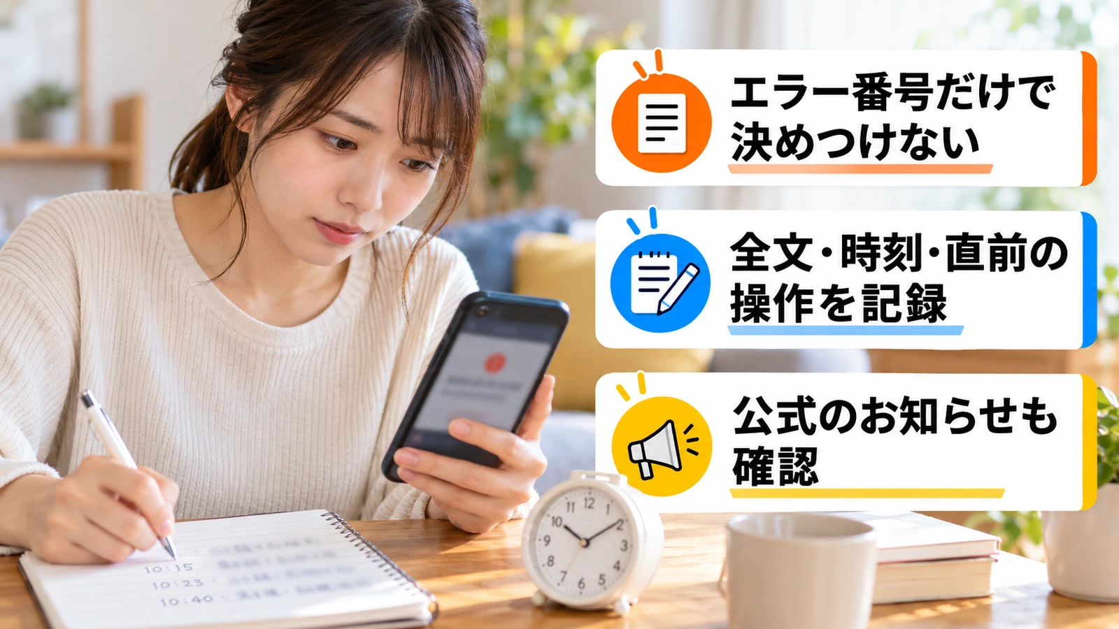 エラーが出た時刻と操作をメモする女性