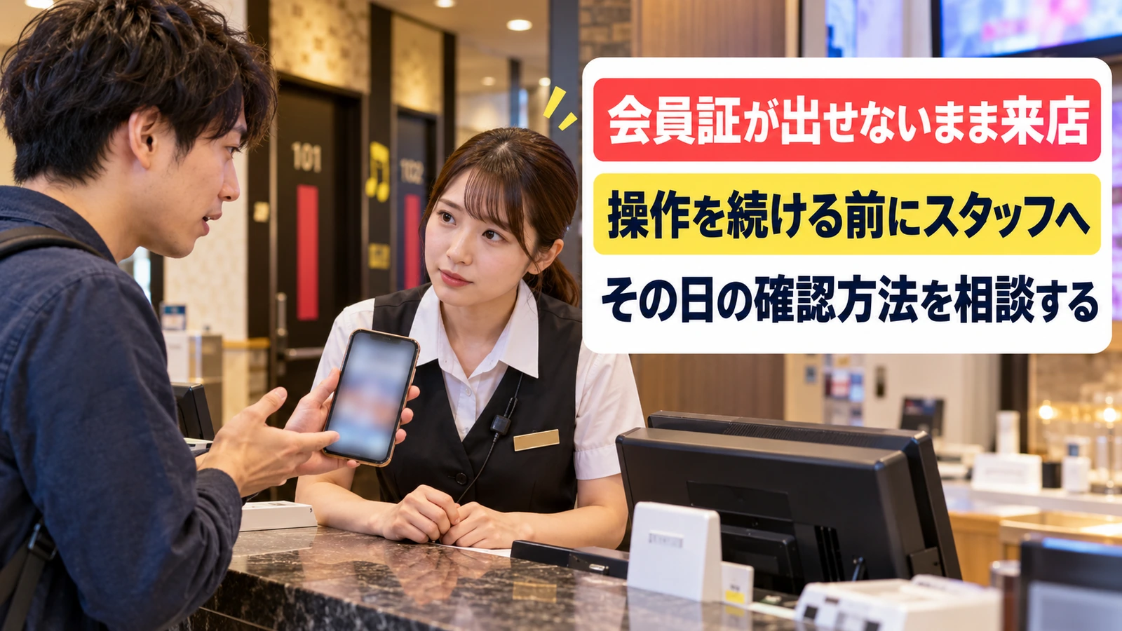 会員証を表示できず受付スタッフに相談する男性