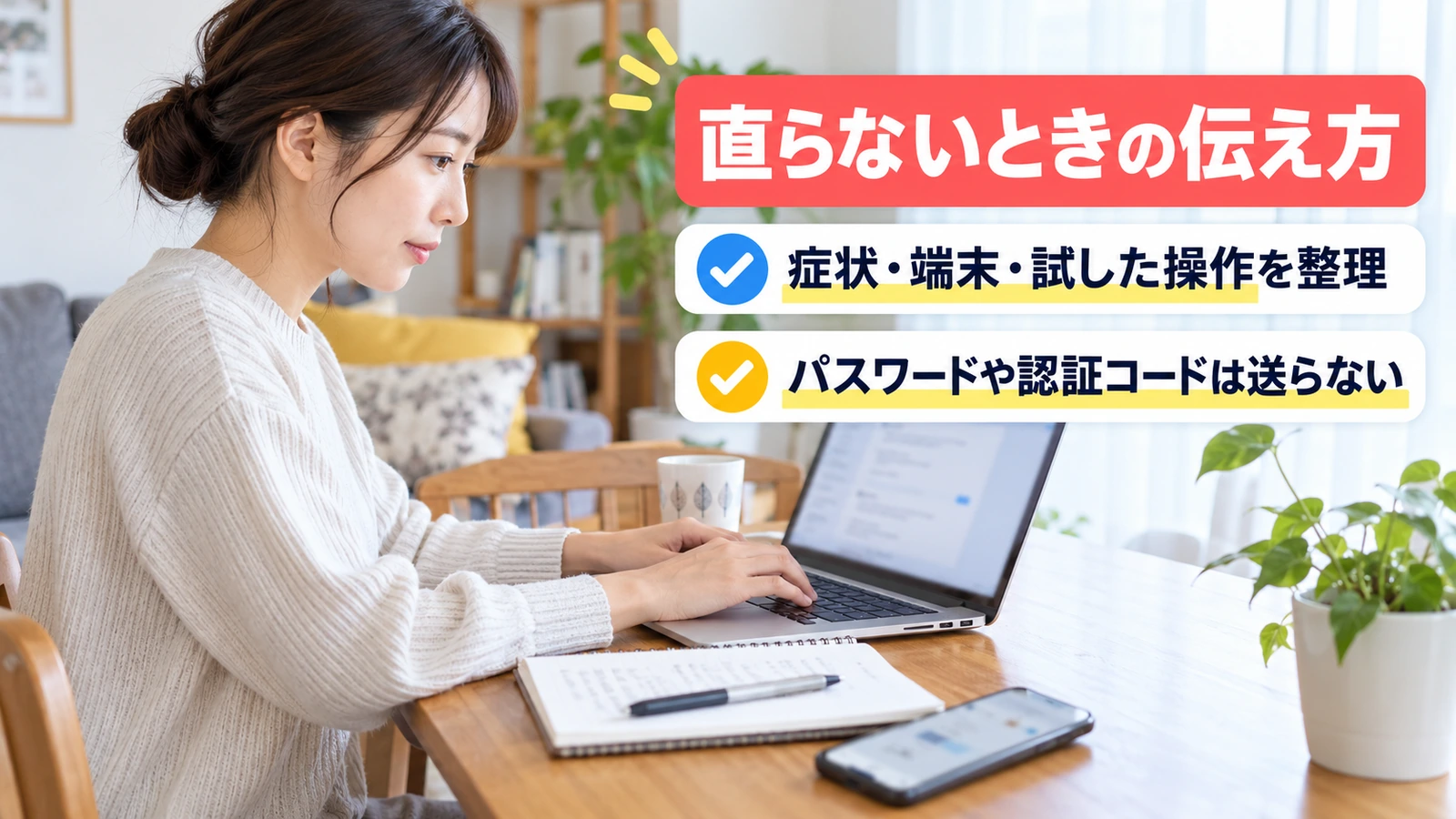 不具合の状況を整理して問い合わせる女性