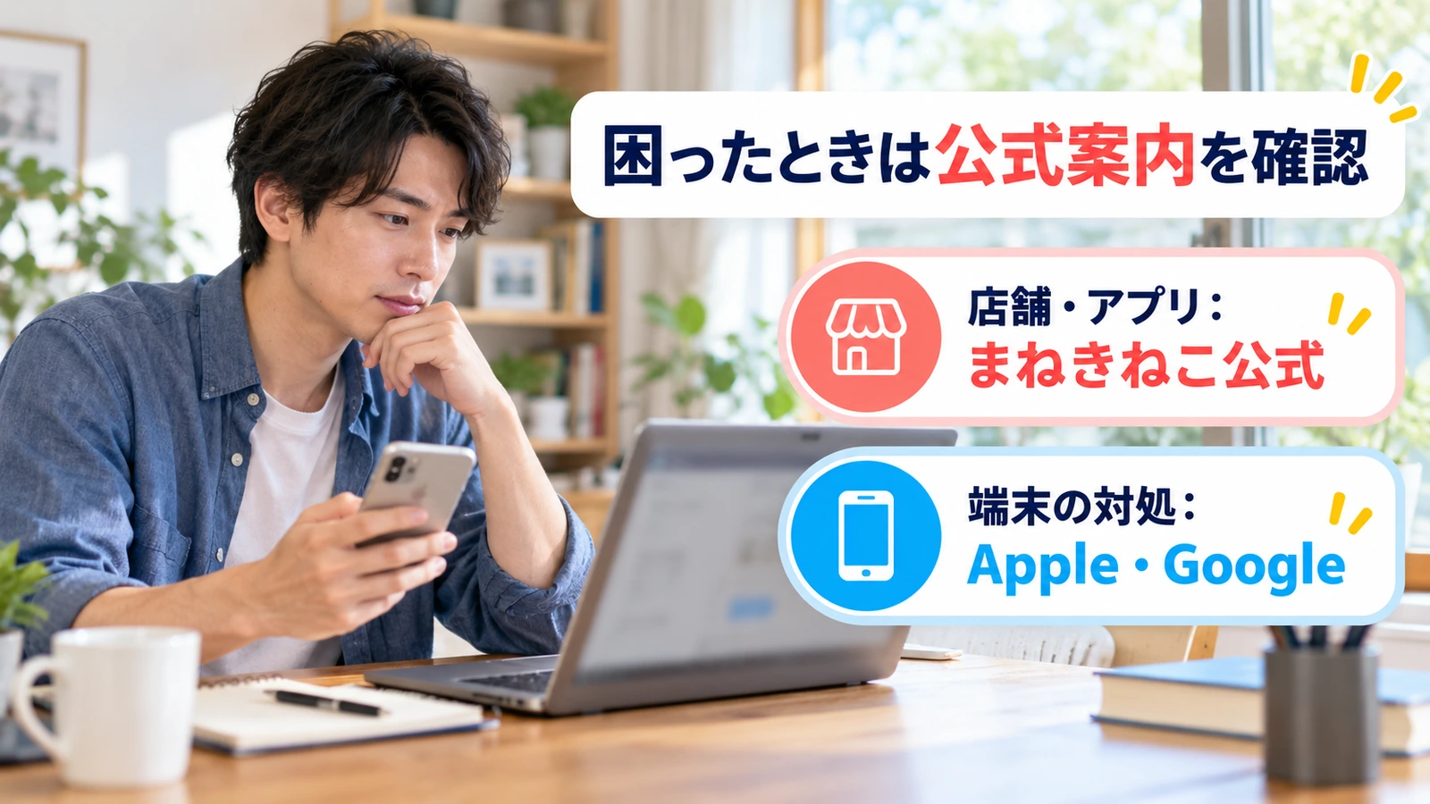 スマートフォンとパソコンで公式案内を確認する男性