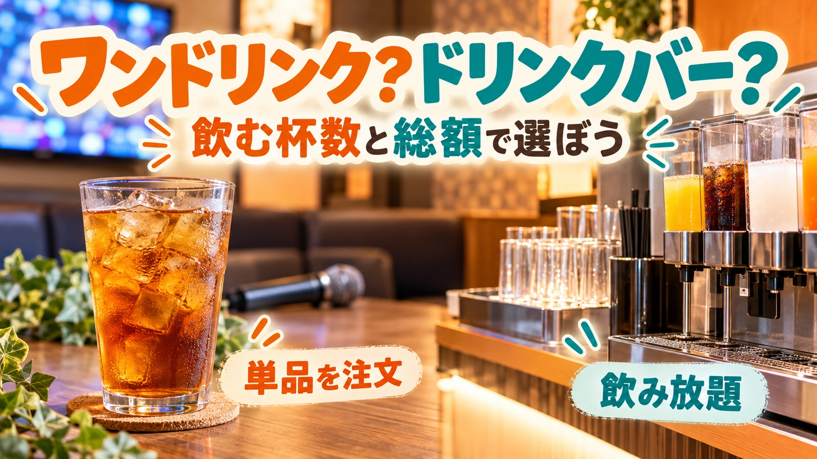 単品ドリンクとドリンクバーを飲む杯数と総額で比較するイメージ