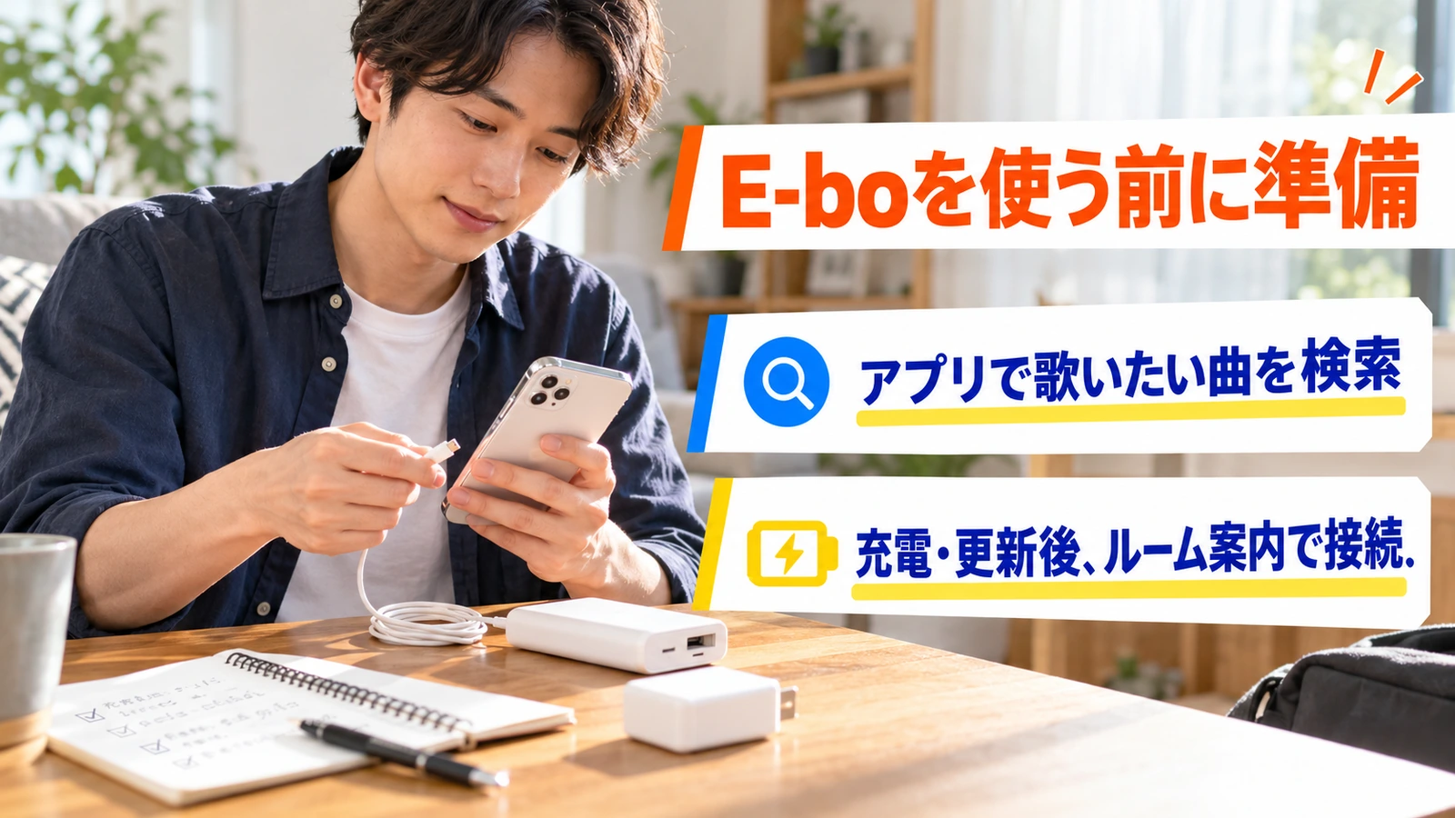 スマートフォンと充電器を用意して曲を探す男性