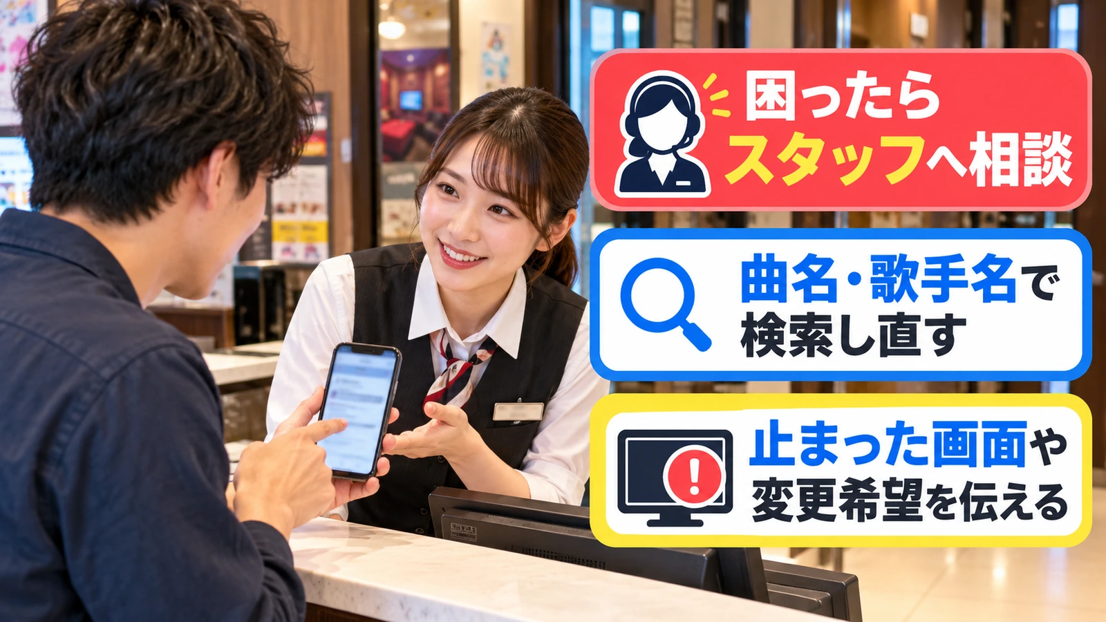 スマートフォンの画面をスタッフに見せて相談する男性