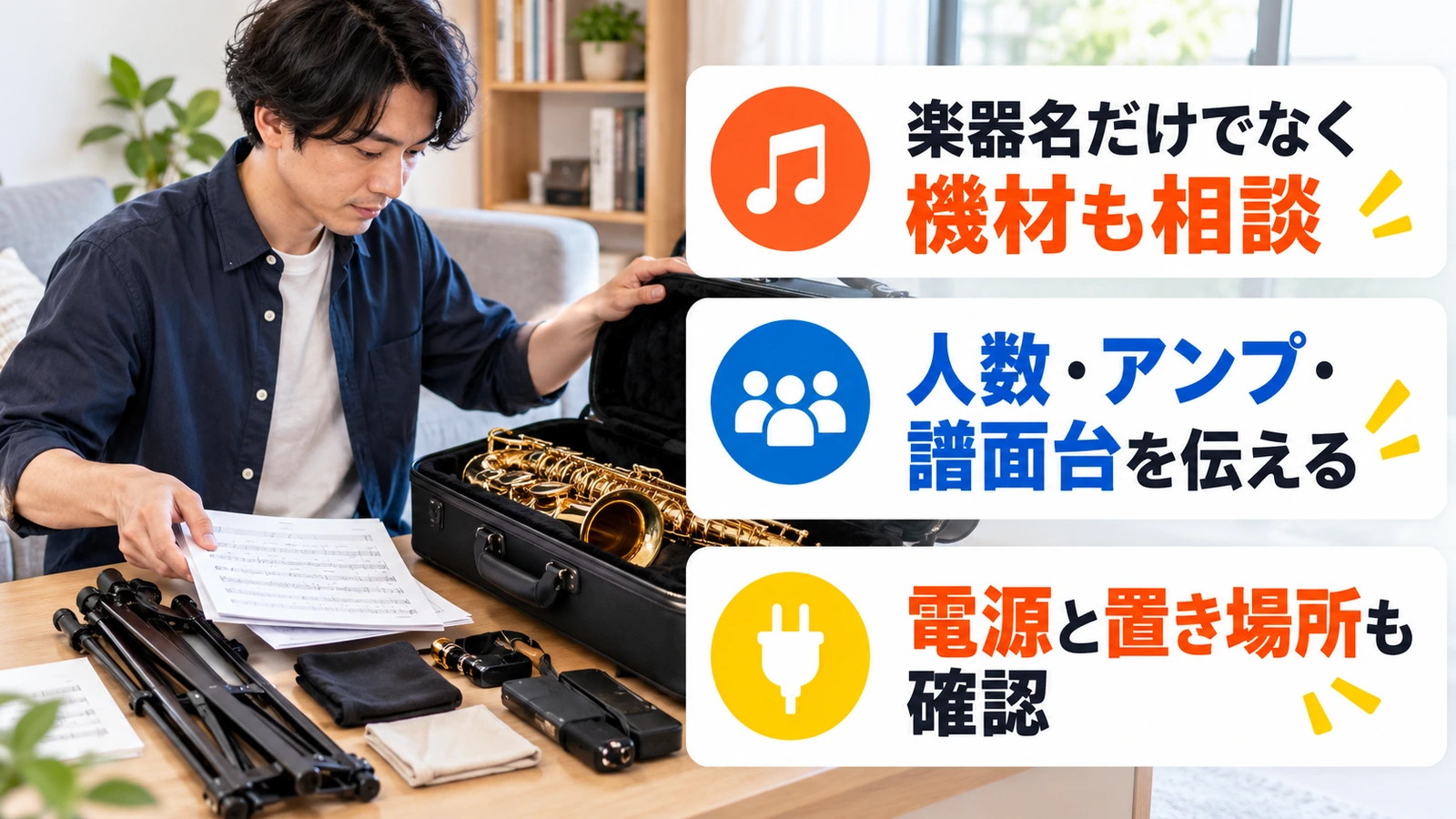 サックスと譜面台など持参する機材を確認する男性