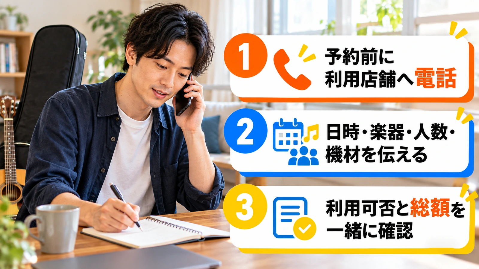 楽器練習の日時と機材をメモしながら店舗に電話する男性