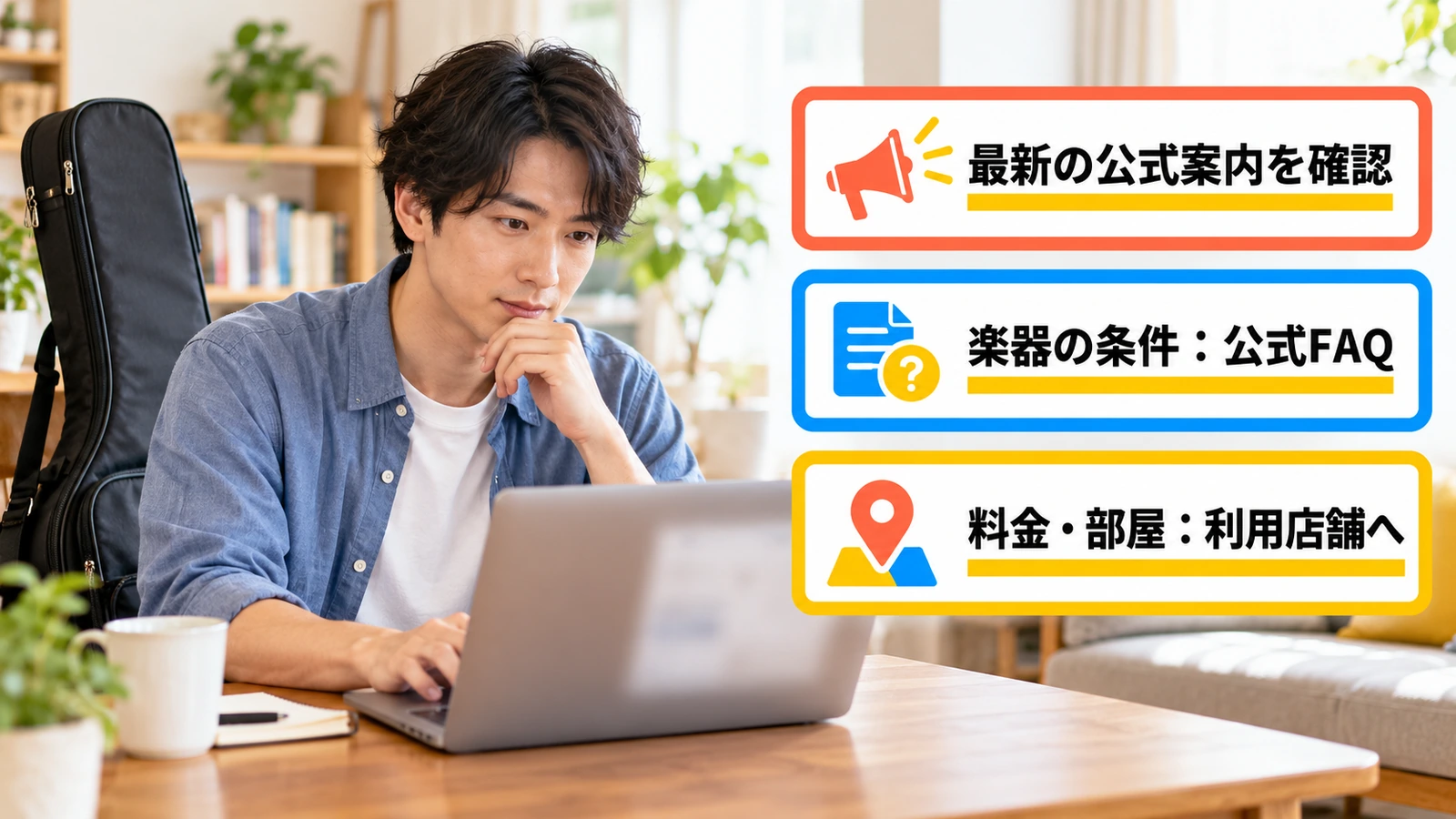 パソコンで楽器練習の公式案内を確認する男性
