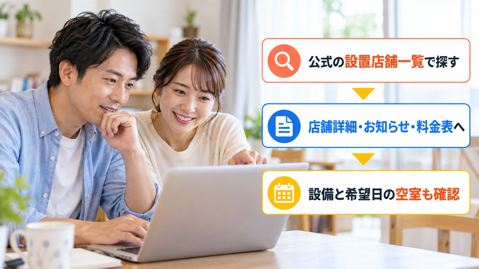 パソコンで家族に合う店舗を探す両親