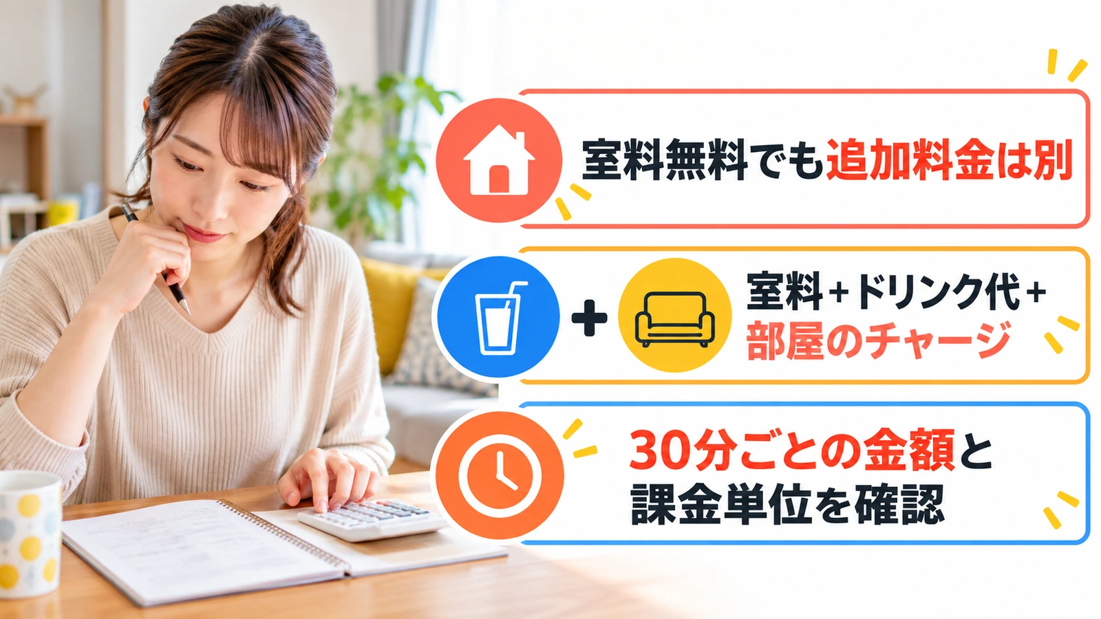 電卓とノートで家族の利用予算を確認する母親