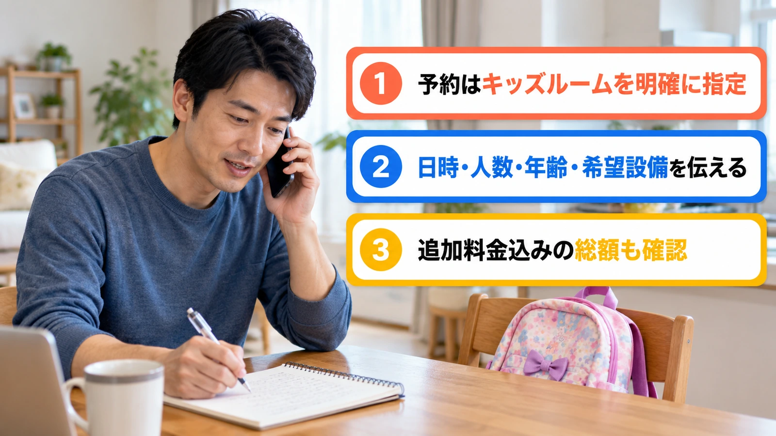 子ども連れの予定をメモしながら店舗に電話する父親