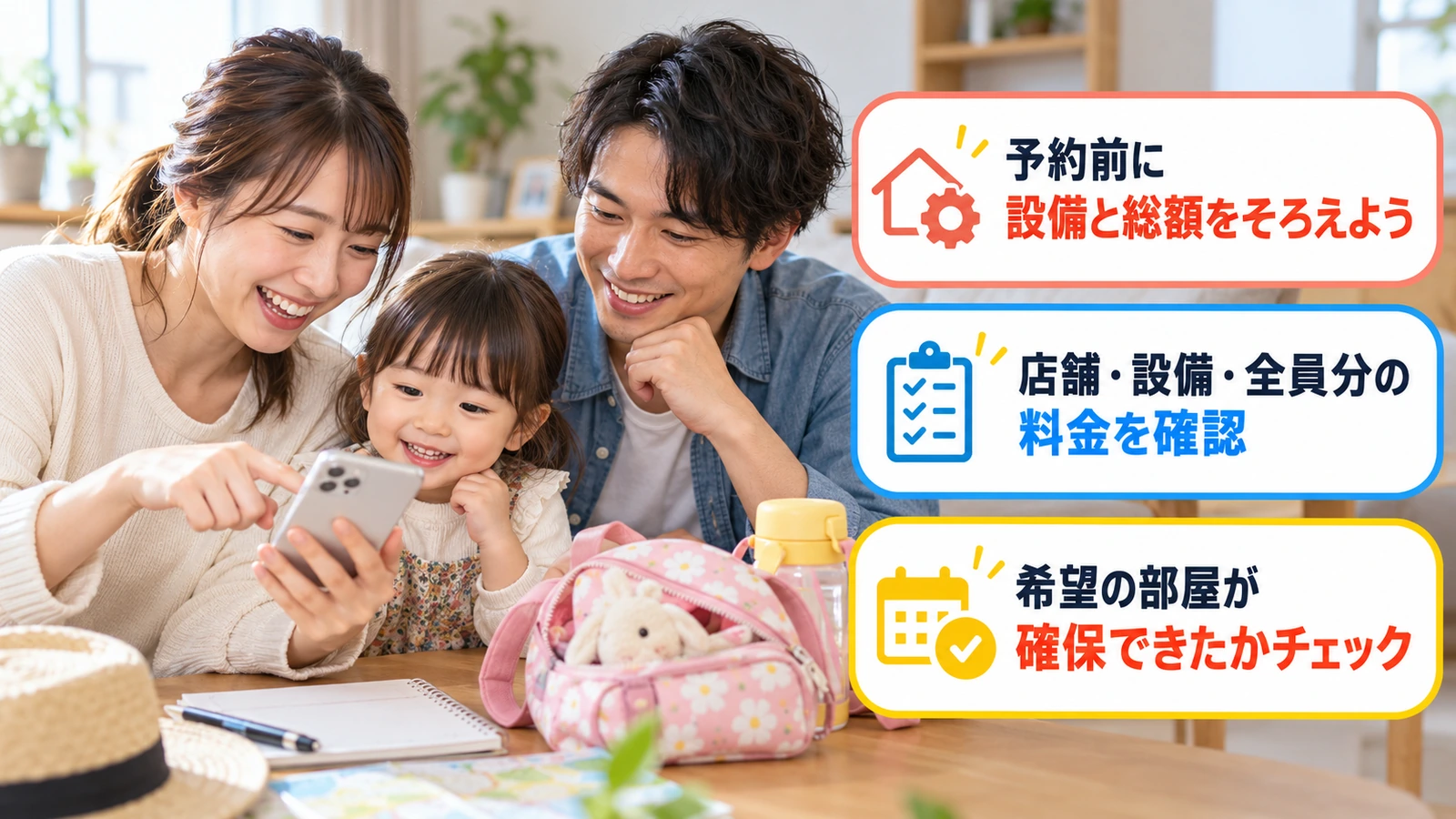 出かける前に予約内容を確認する親子