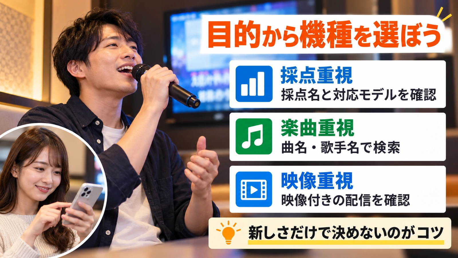 歌の練習をする男性とスマートフォンで曲を探す女性