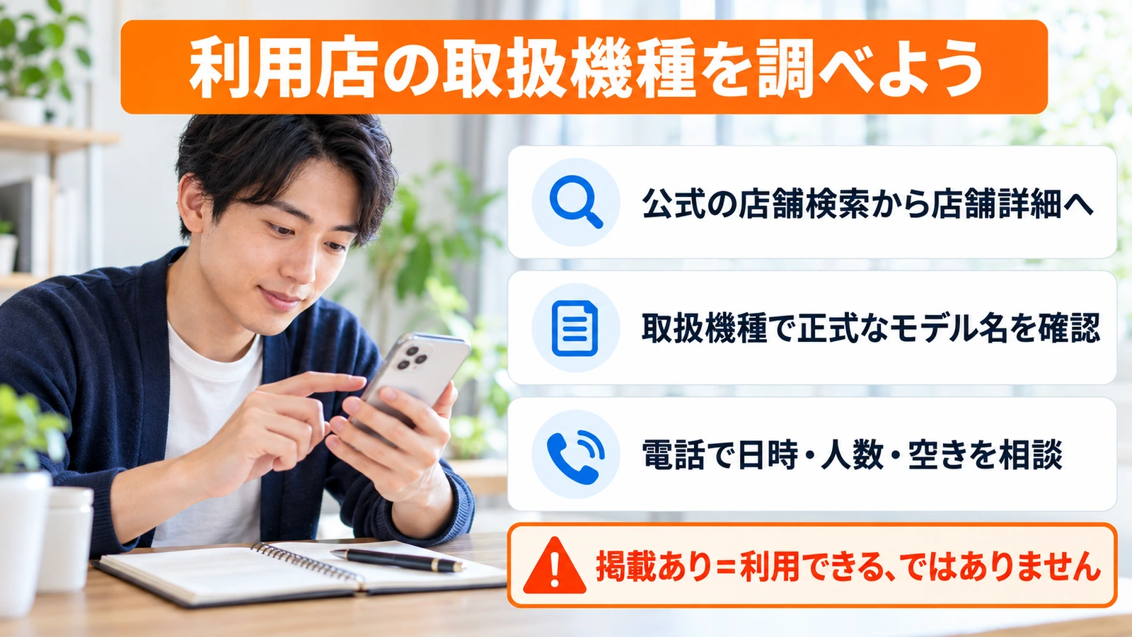 スマートフォンと手帳を使って利用店舗を調べる男性