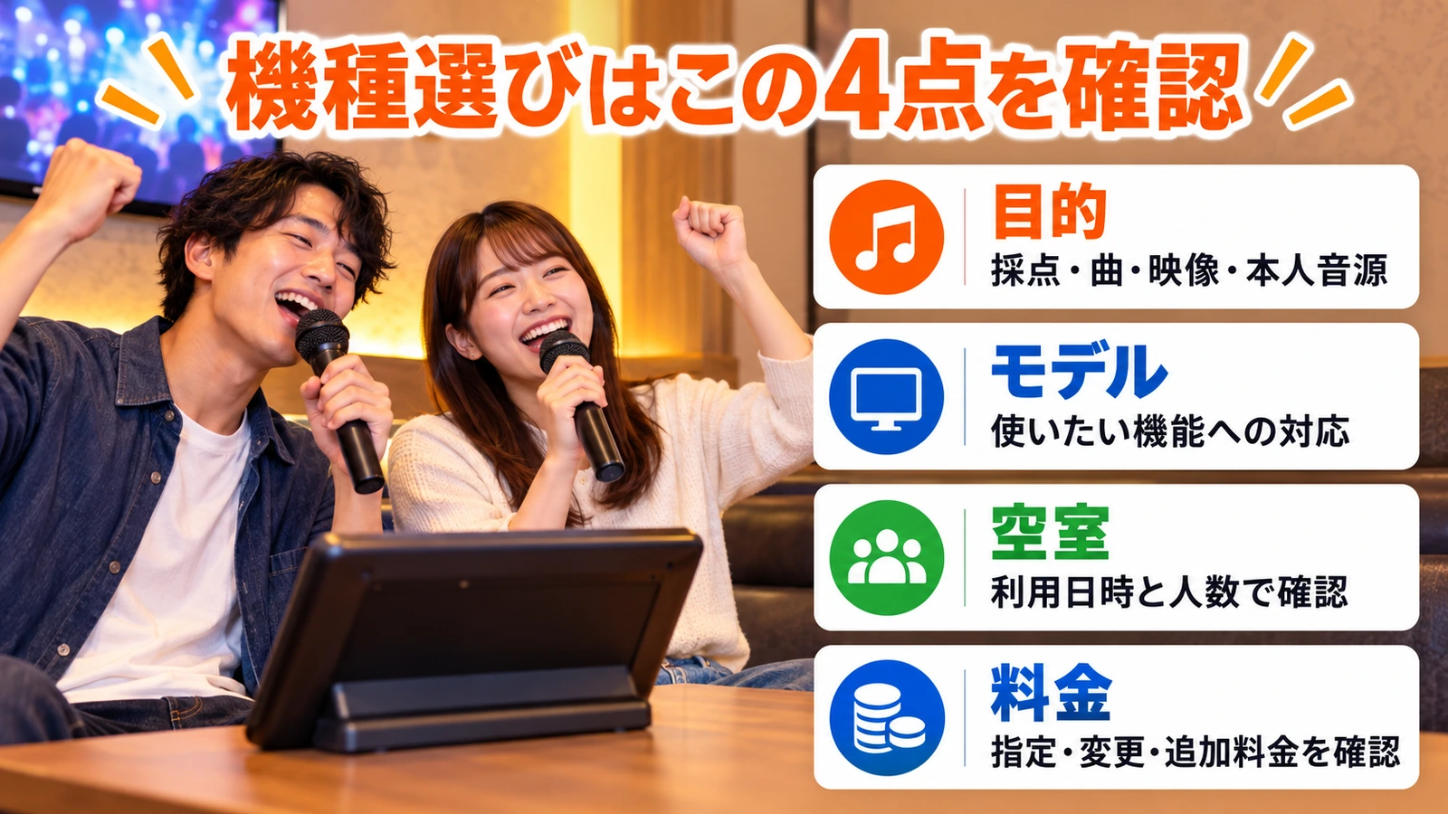 マイクと選曲端末を用意してカラオケを楽しむ友人