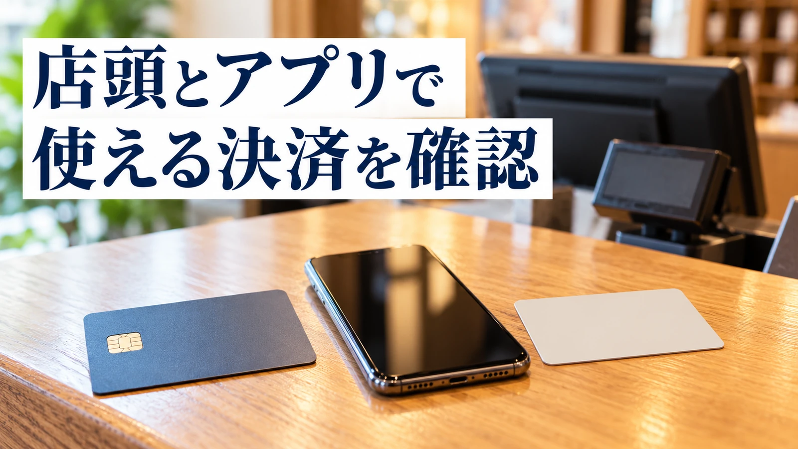 カウンターに並べたスマートフォンとカード