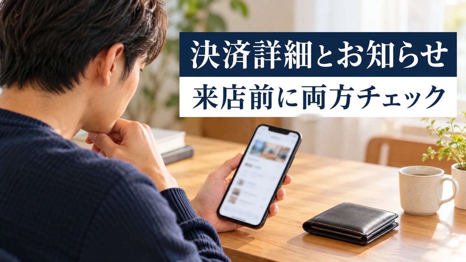 来店前にスマートフォンで店舗案内を確認する男性