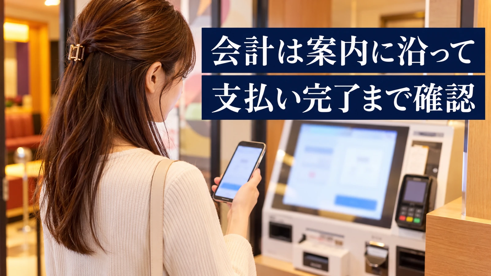 セルフ精算機で会計を確認する女性