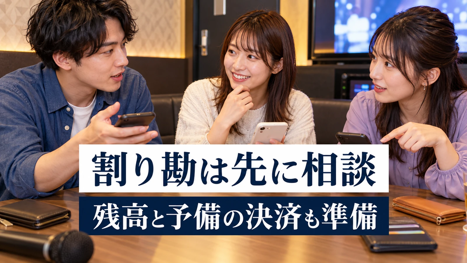 スマートフォンと財布を用意して会計を相談する友人たち