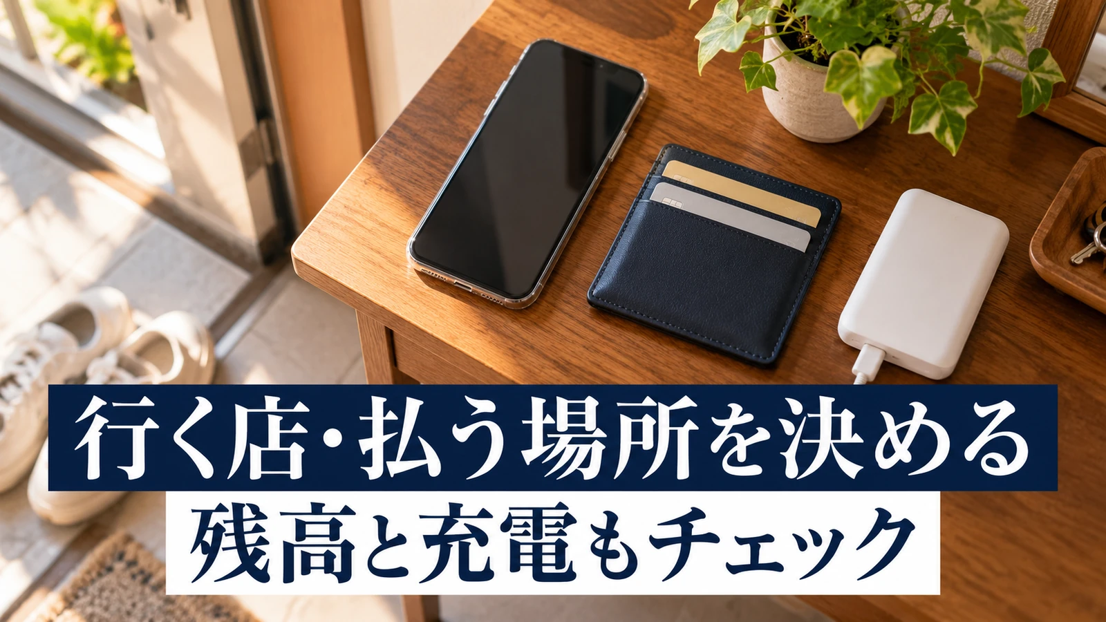 外出前に用意したスマートフォンとカードとモバイルバッテリー