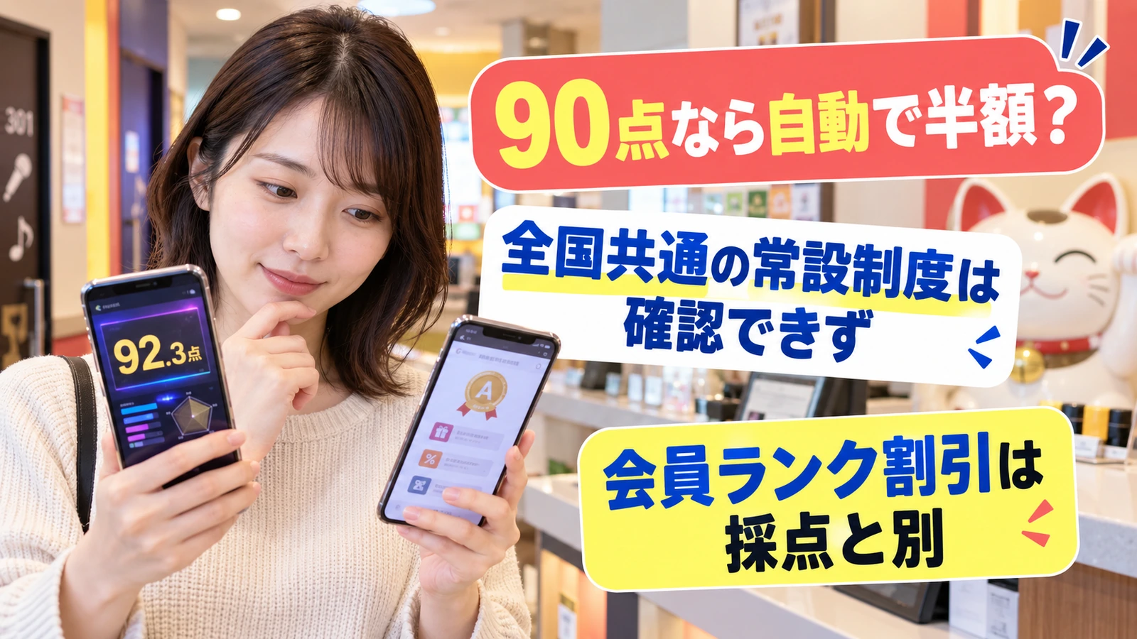 会員アプリと採点結果を見比べる女性