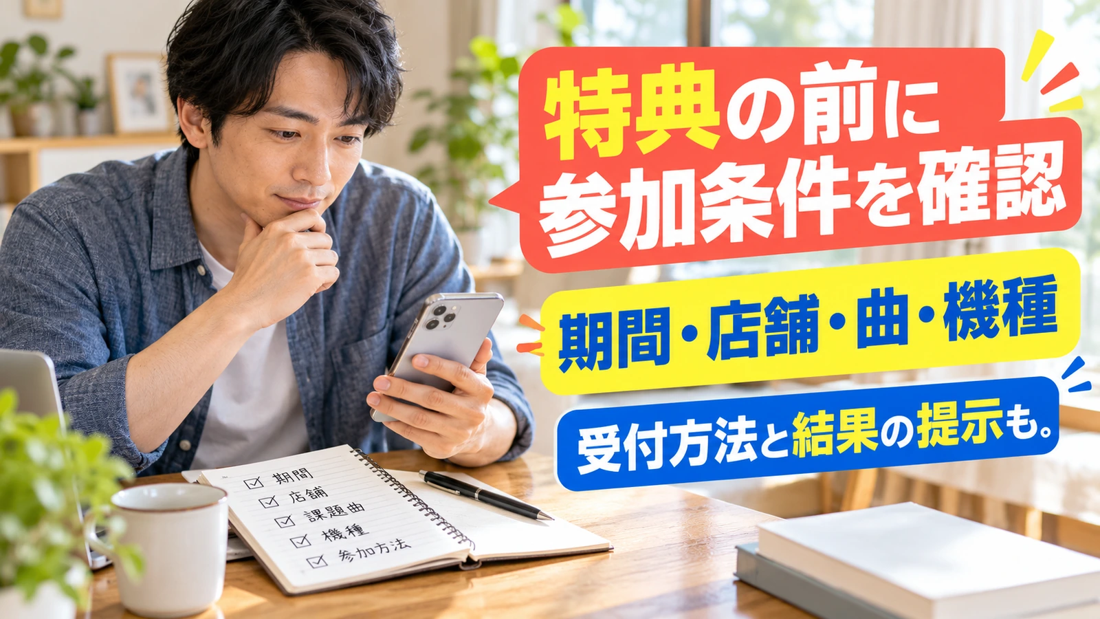 スマートフォンの企画案内と条件を確認する男性