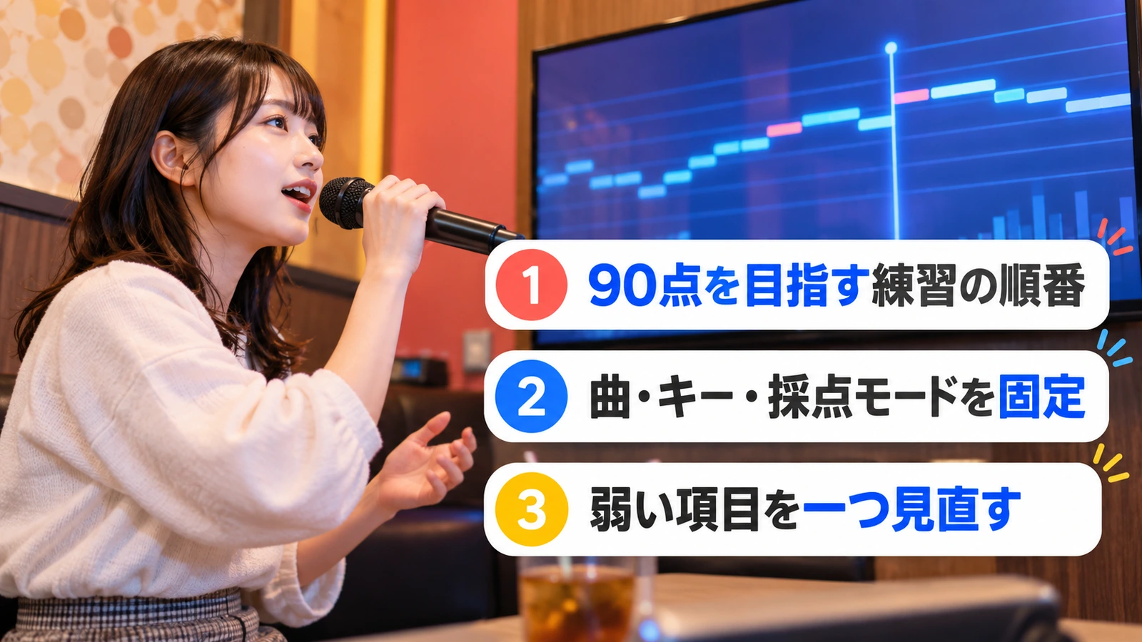音程バーを見ながら同じ曲を練習する女性