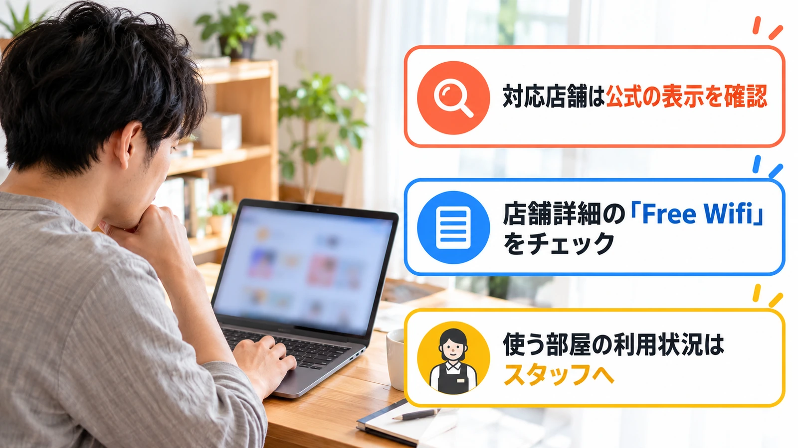 パソコンでWi-Fi対応店舗を調べる男性