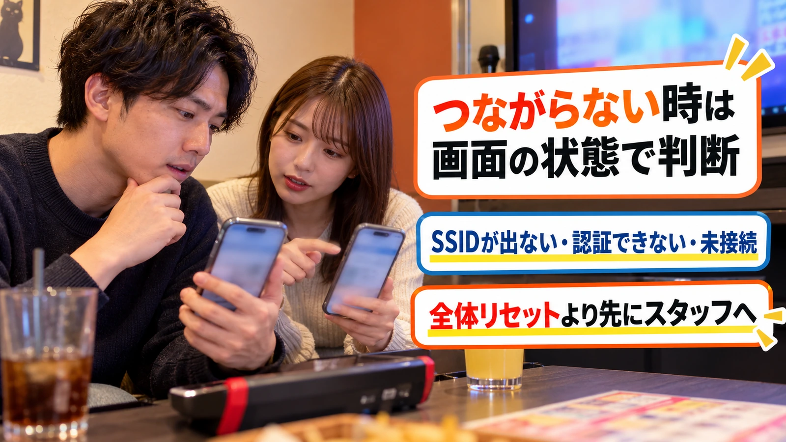 カラオケ個室でスマートフォンの接続状態を比較する友人