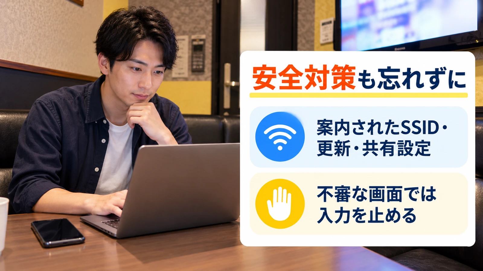 パソコンで接続先と設定を確認する男性