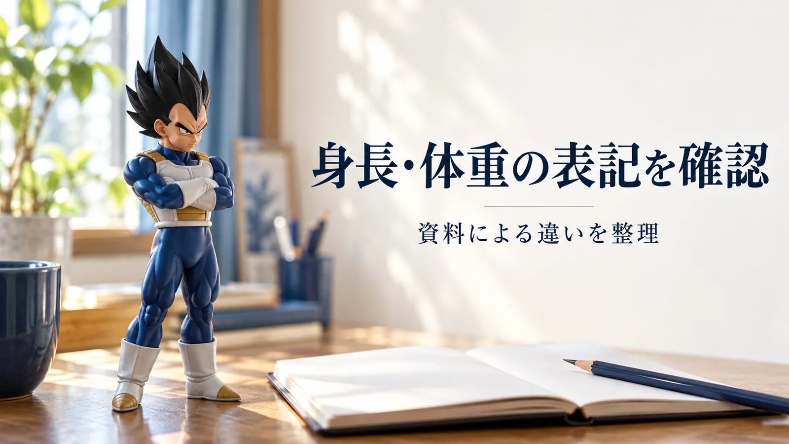 ベジータの身長・体重の資料による表記の違いを整理するイメージ